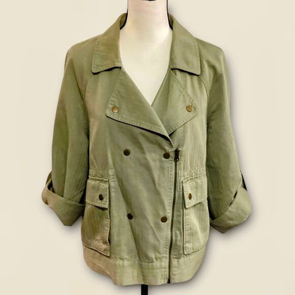 Loft Women's Utility Jacket Motto Linen/Cotton Roll-Tab Sleeve Pockets in Large - Picture 1 of 11